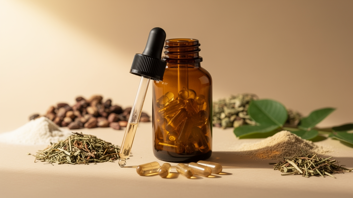 5-HTP-kapslar i glasflaska med griffoniabönor och naturliga ingredienser