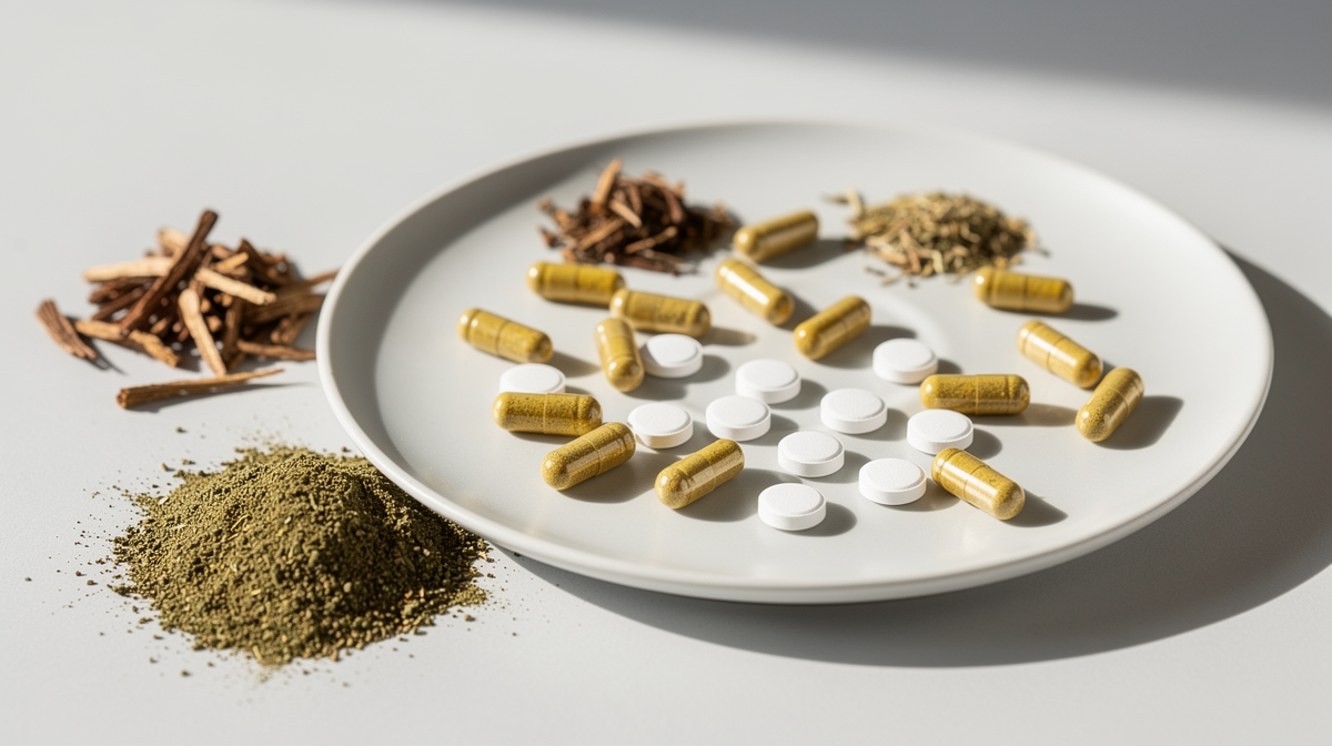 Maskkroskapslar, tabletter och pulver på vit keramisk skål