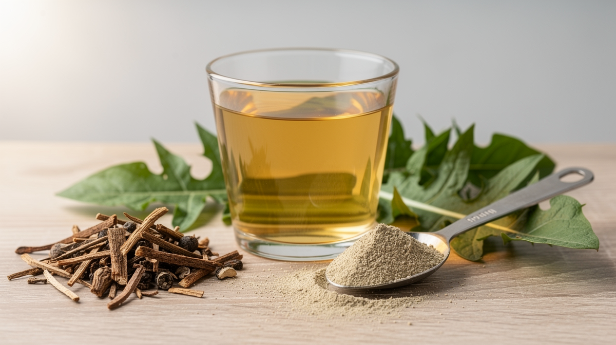 Maskrostea i glas med lösa blad och torkad rot på trä