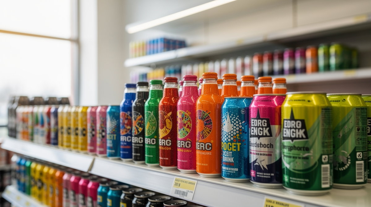 Butikshylla med flera färgglada energidrycksburkar och flaskor ordnade i rad
