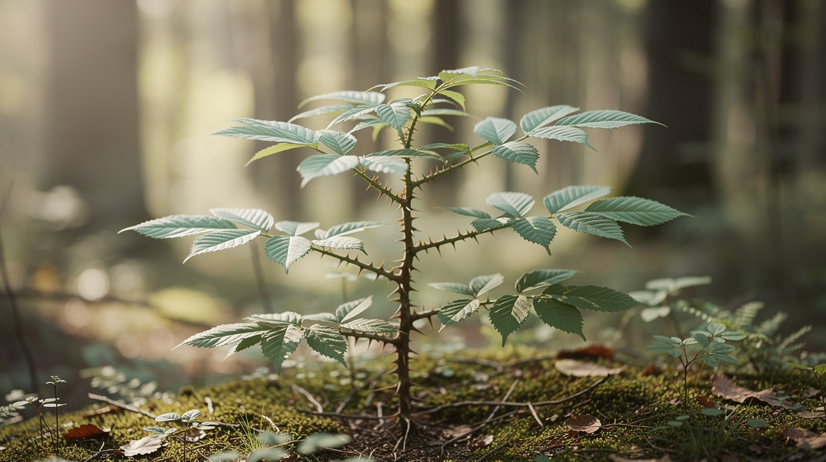 Levande Eleutherococcus senticosus växt med taggiga grenar och gröna blad