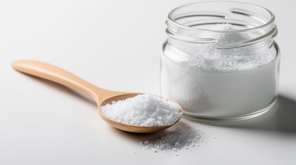 Vita kristaller av glaubersalt i glaskrus med träsked på vit bänk.