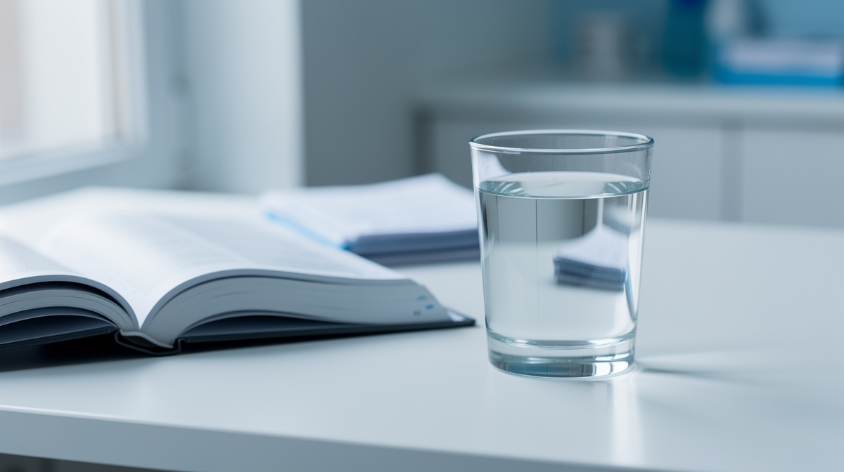 Glas vatten vid öppen medicinsk bok och forskningsdokument.