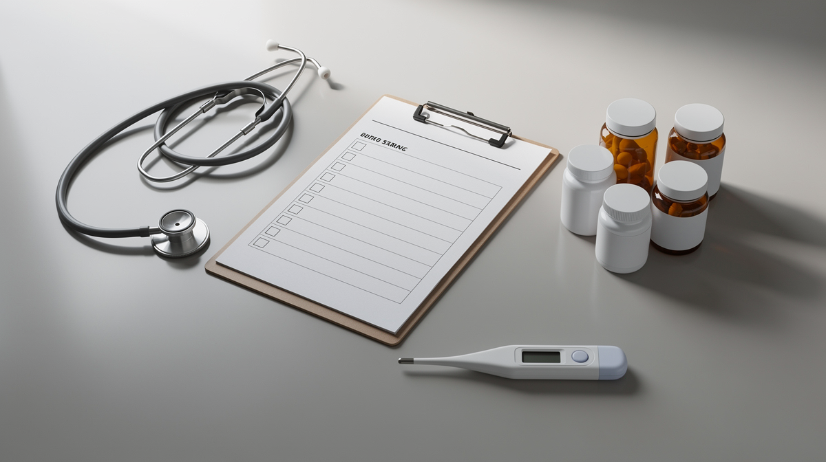 Medicinsk konsultationsbord med stetoskop, receptblock och mediciner.