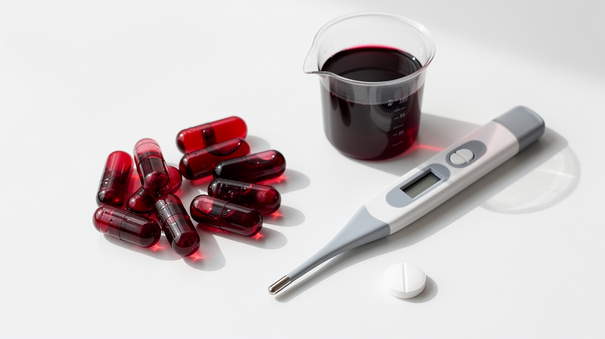 Glaskapsel med röd vätsja, måttsked och medicintablett på vit bakgrund. Illustration av biverkningar och allergier.