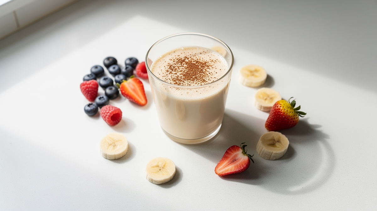 Vaniljfärgad smoothie eller latte med frukt på ljus köksarbetsbänk.