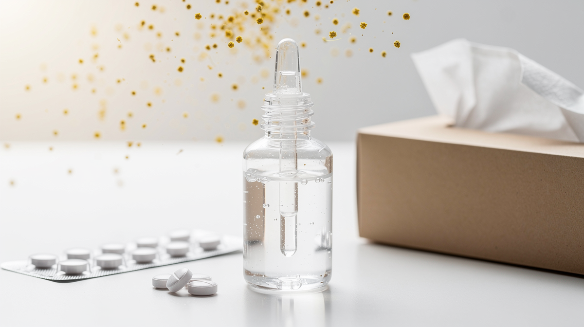 Flaska med ögondroppar omgiven av allergimediciner och näsdukar på vit yta.