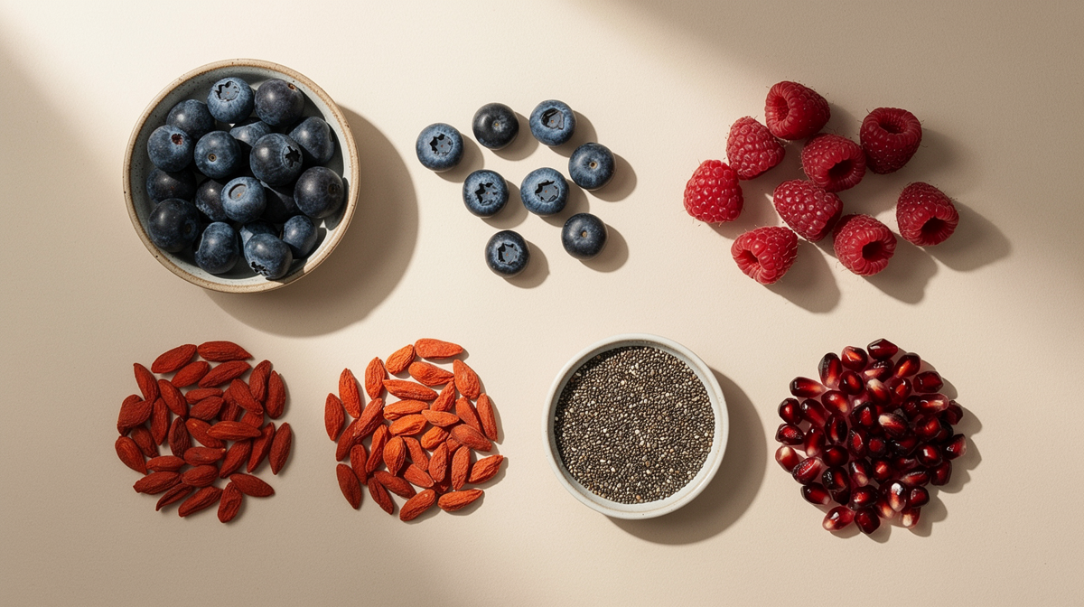 Olika bär och superfoods i separata högar på neutral bakgrund