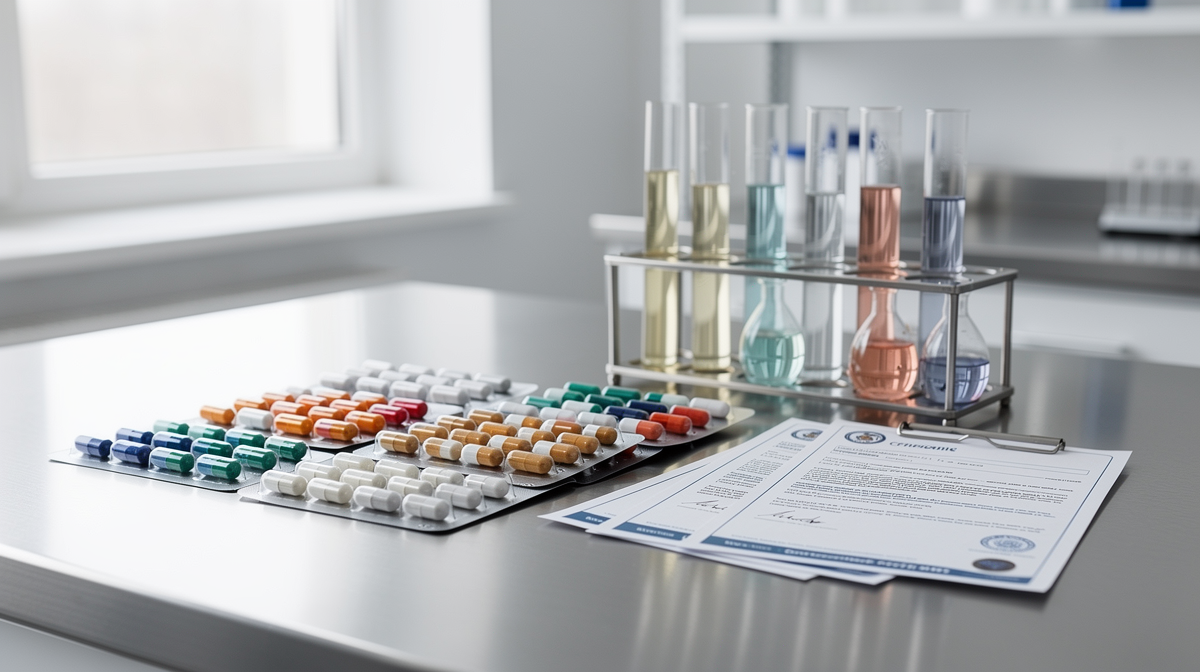 Kosttillskottskapslar i laboratoriesetting med certifieringsdokument.