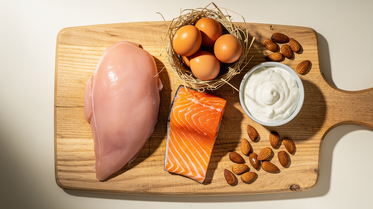 Proteinrika ingredienser på träskiva: kyckling, lax, ägg, yoghurt och mandel.