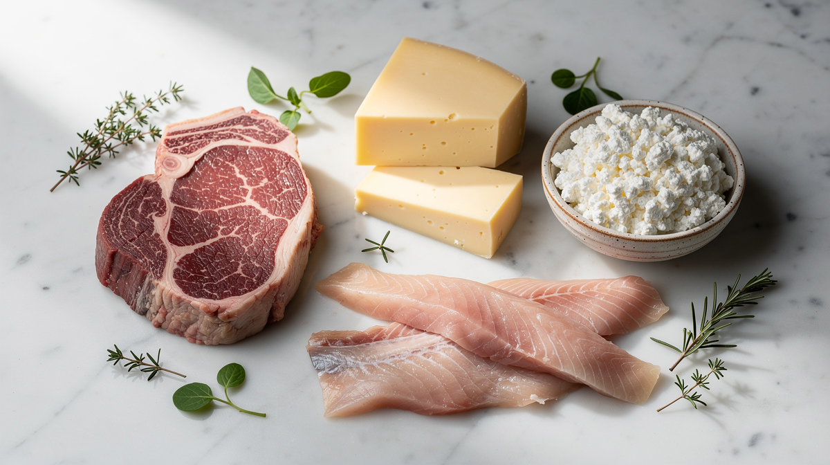 Animaliska proteinkällor: nötkött, ost, keso och fisk på marmor.