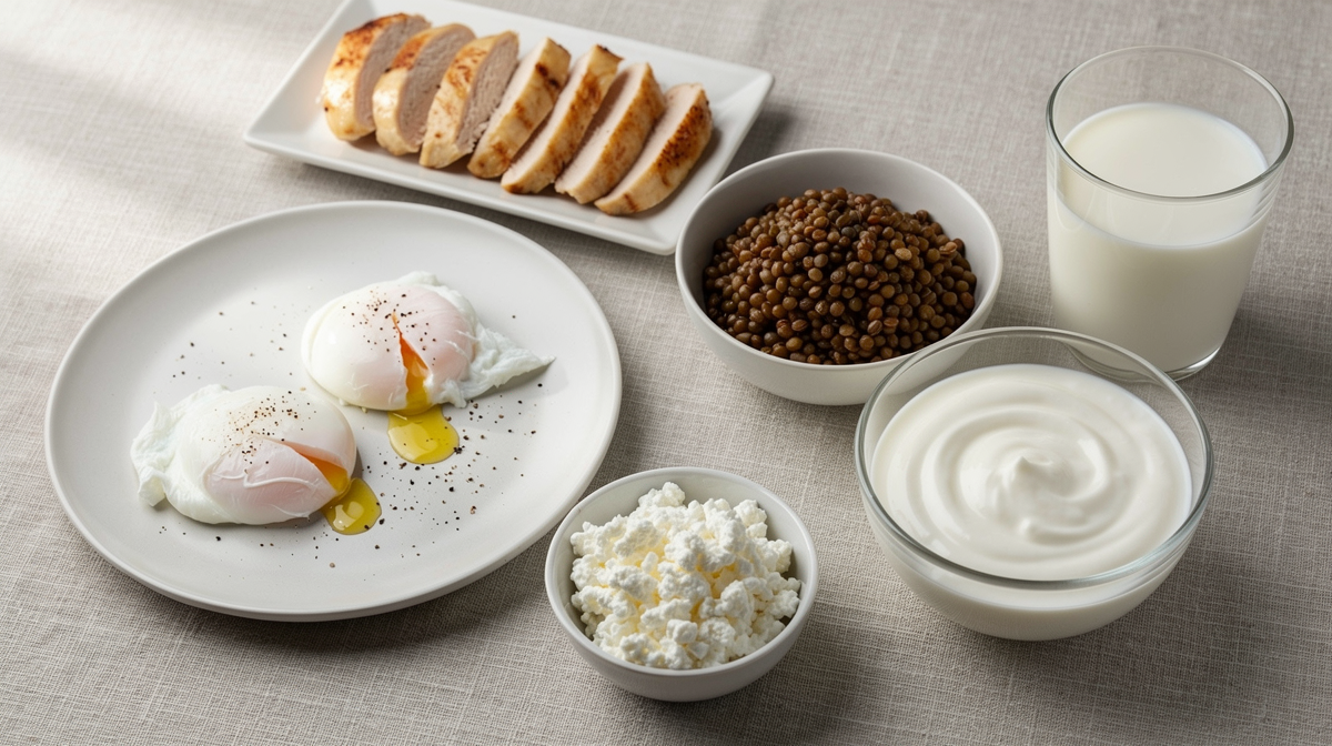 Lättsmält mat för äldre: ägg, linser, kyckling, keso, yoghurt och mjölk.