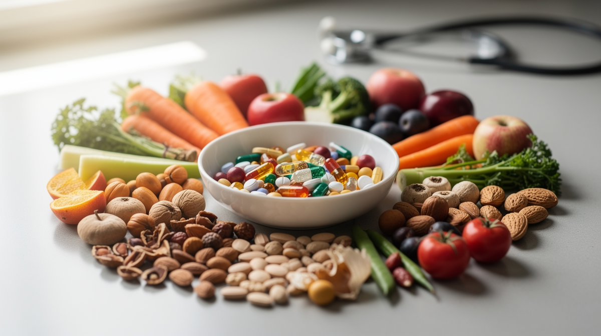Färgglada frukter, grönsaker och nötter runt en skål med vitaminkapslar