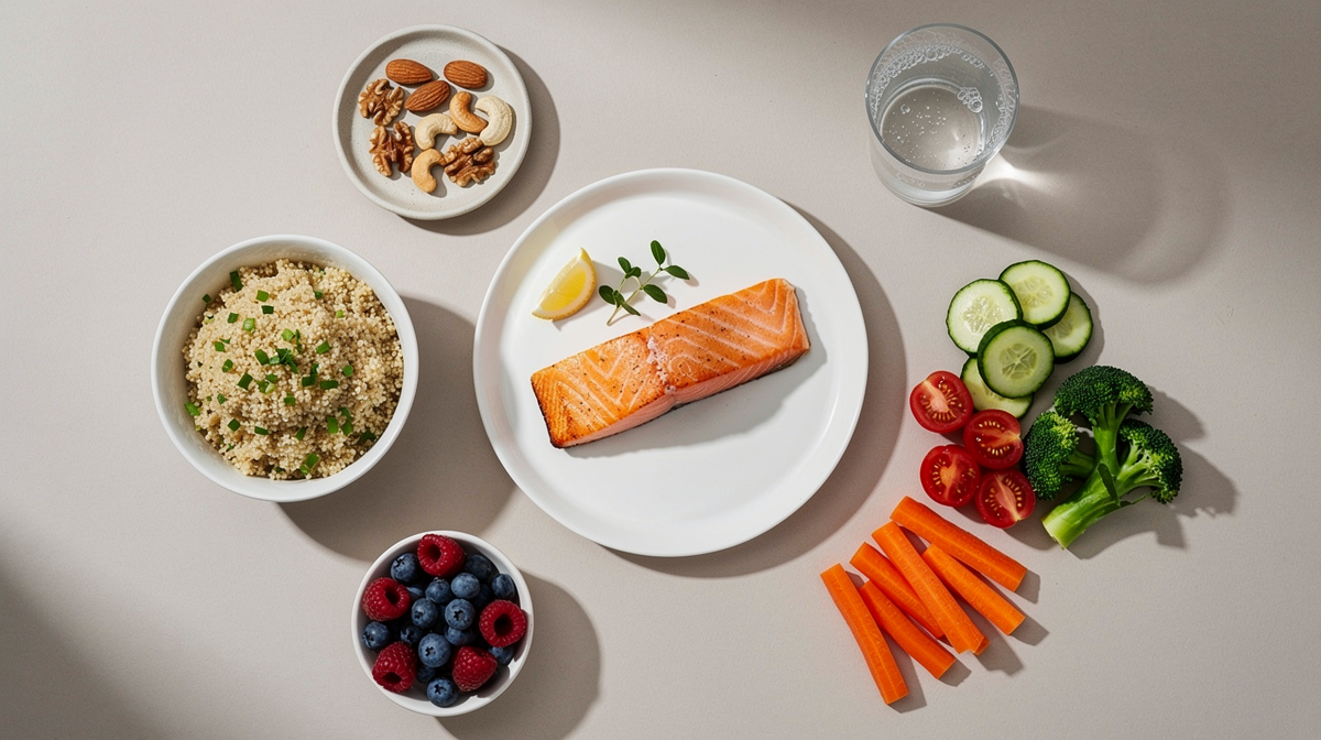 Naturliga källor till vitamin B5 som ägg, fullkorn och avokado på en träskiva