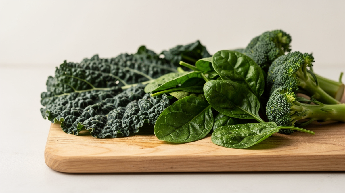 Mörkgröna bladgrönsaker som grönkål, spenat och broccoli på skärbräda