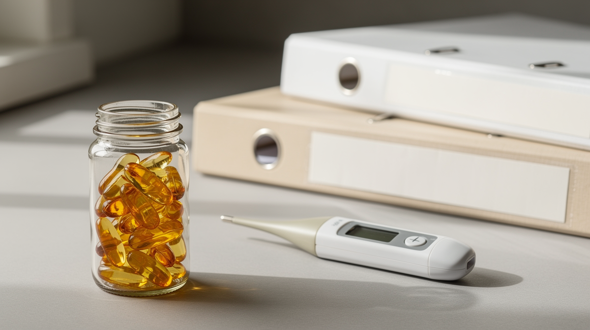 K-vitaminkapslar i flaska tillsammans med medicinska referensmaterial och säkerhetssymboler
