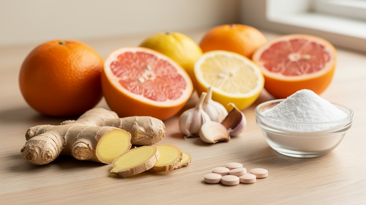 Ett dukat bord med vitaminrika livsmedel som bladgrönsaker, citrusfrukter, ägg, lax och nötter