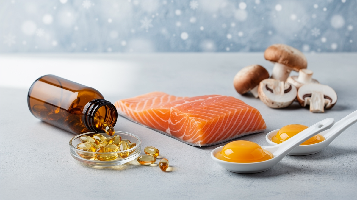 Ett dukat bord med vitaminrika livsmedel som bladgrönsaker, citrusfrukter, ägg, lax och nötter