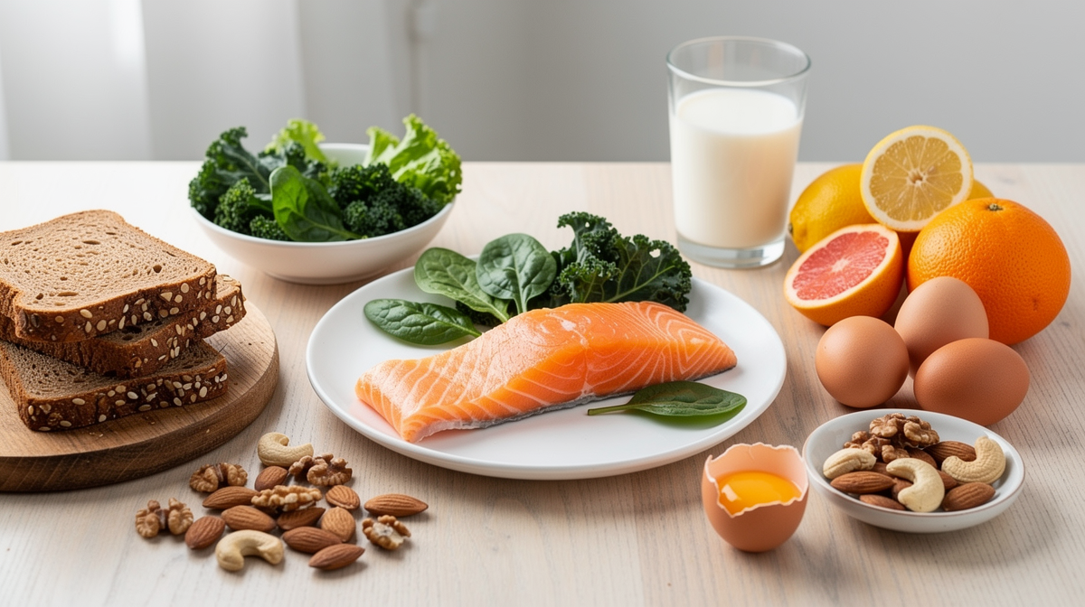 Näringsrik måltid för gravida med gröna bladsallad, lax, fullkorn och citrusfrukter.