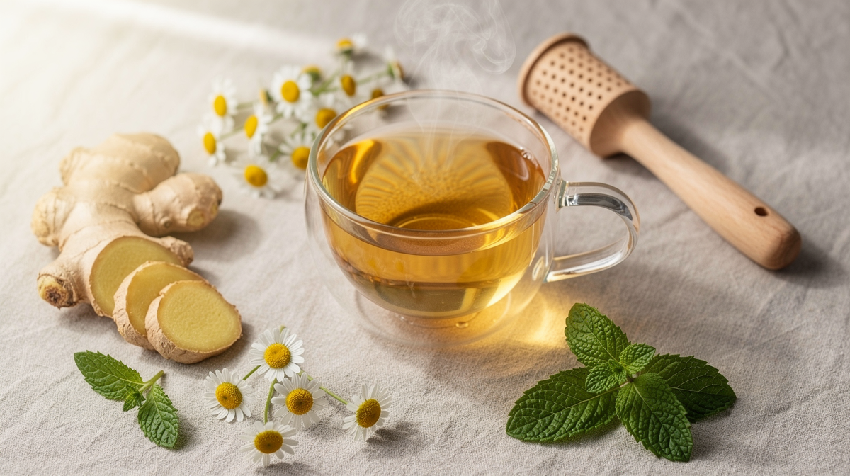 Örtte med ginger, kamomil och mynta i glaskoppar på ett ljust underlag.