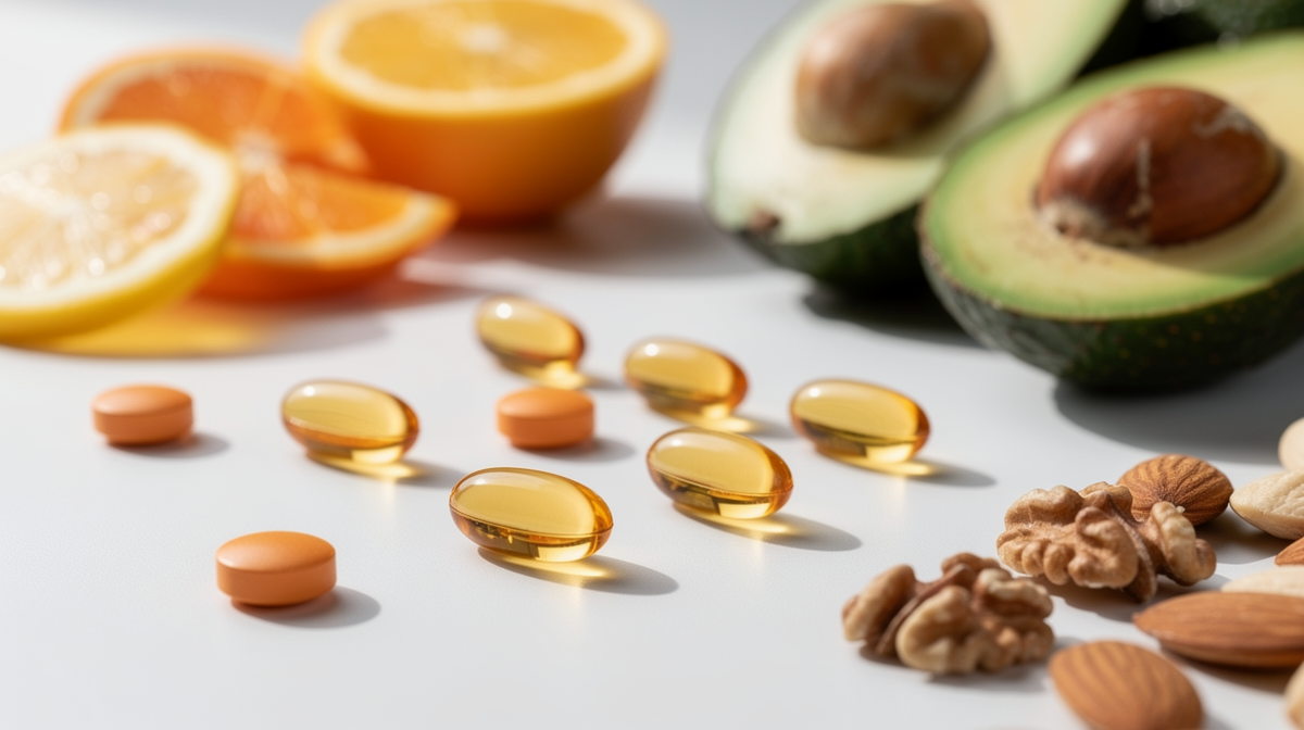 Vitaminkapslar och vitamin C, E tillsammans med citrusfrukter och nötter