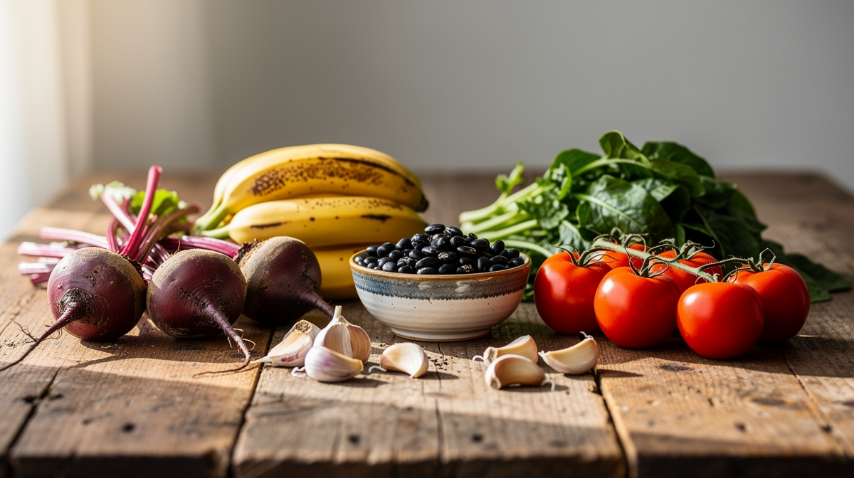 Färska grönsaker, rödbetor, bananer och bönor på ett rustikt bord