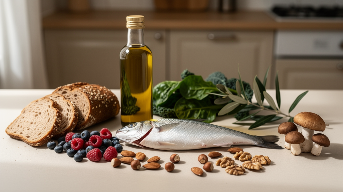 Medelhavs- och nordiska matingredienser: olivolja, fisk, bär, grönt och frön