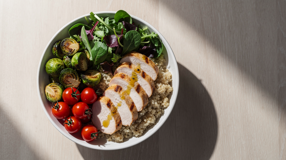 Balanserad måltidsskål med protein, fullkorn, grönsaker och gröna blad