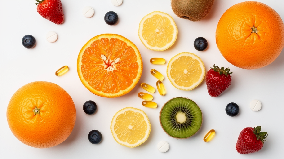 Citrusfrukter, bär och C-vitaminkapsel på vit bakgrund