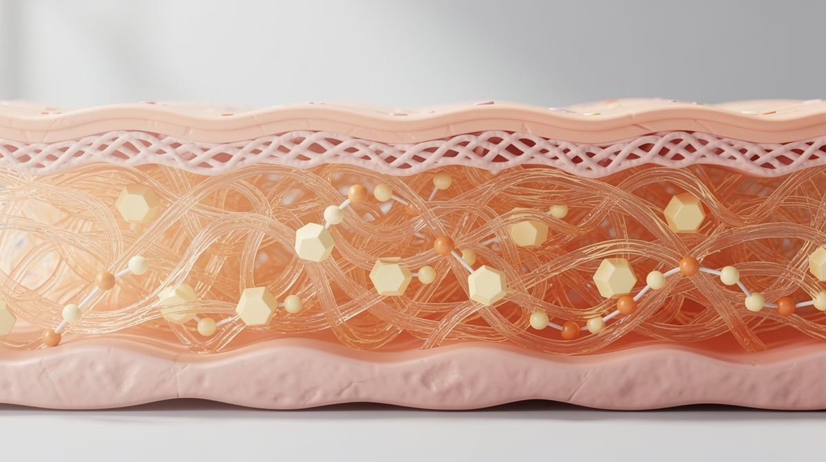 Illustration av kollagenfibrer och C-vitaminmolekyler i hudhud