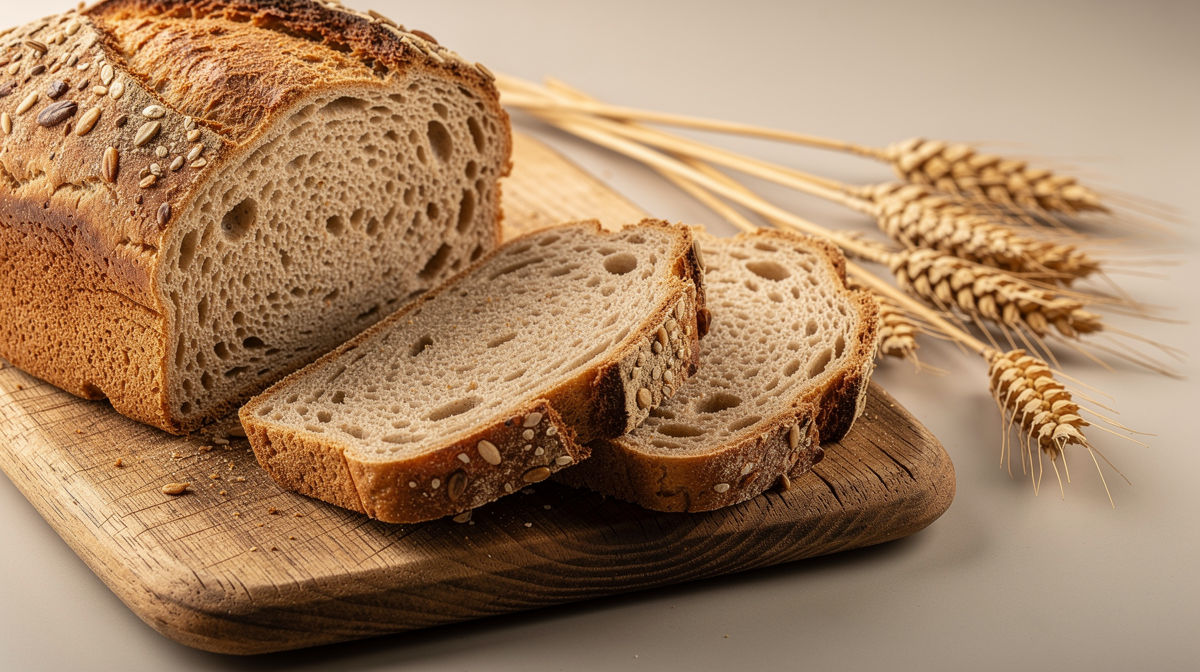 Bröd av vete och råg på en skärbräda med vetekorn