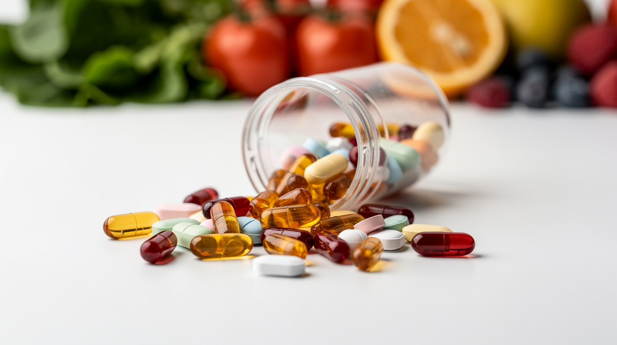 Flerfärgade vitaminkapslar och tabletter spills från en öppen flaska på vit yta.