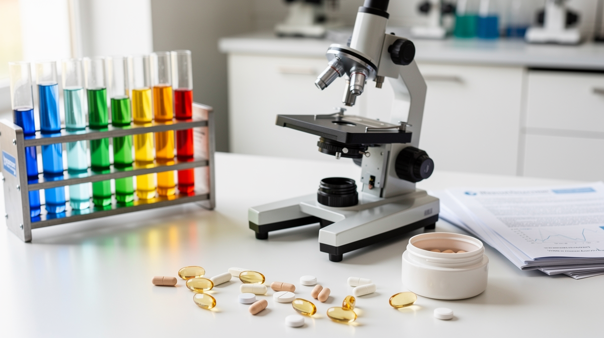 Vetenskaplig laboratorieuppställning med mikroskop, provglasoch vitamintillskott på arbetsbänk.