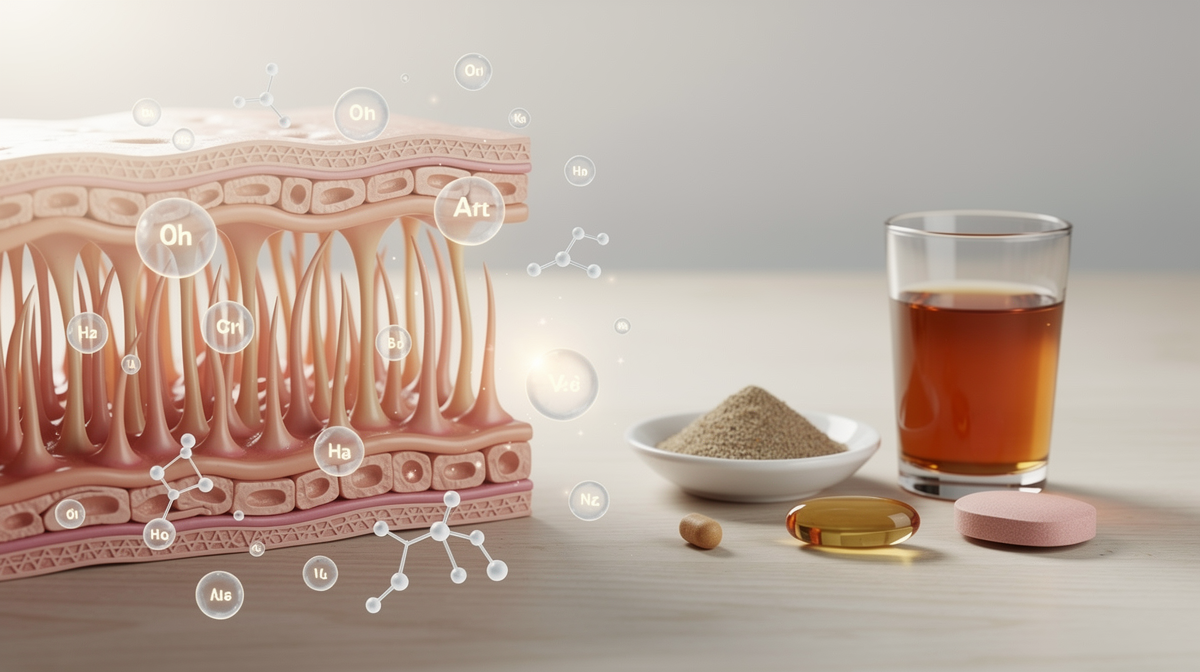 Illustration av vitaminkapslar i olika former: pulver, vätska, kapsel och tablett på vetenskaplig bakgrund.