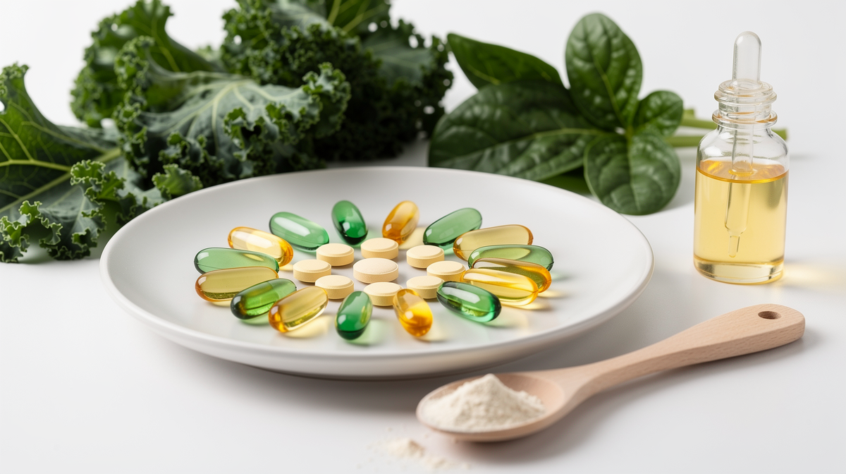 Vitamintillskott i form av kapslar och tabletter bredvid färsk frukt och grönsaker