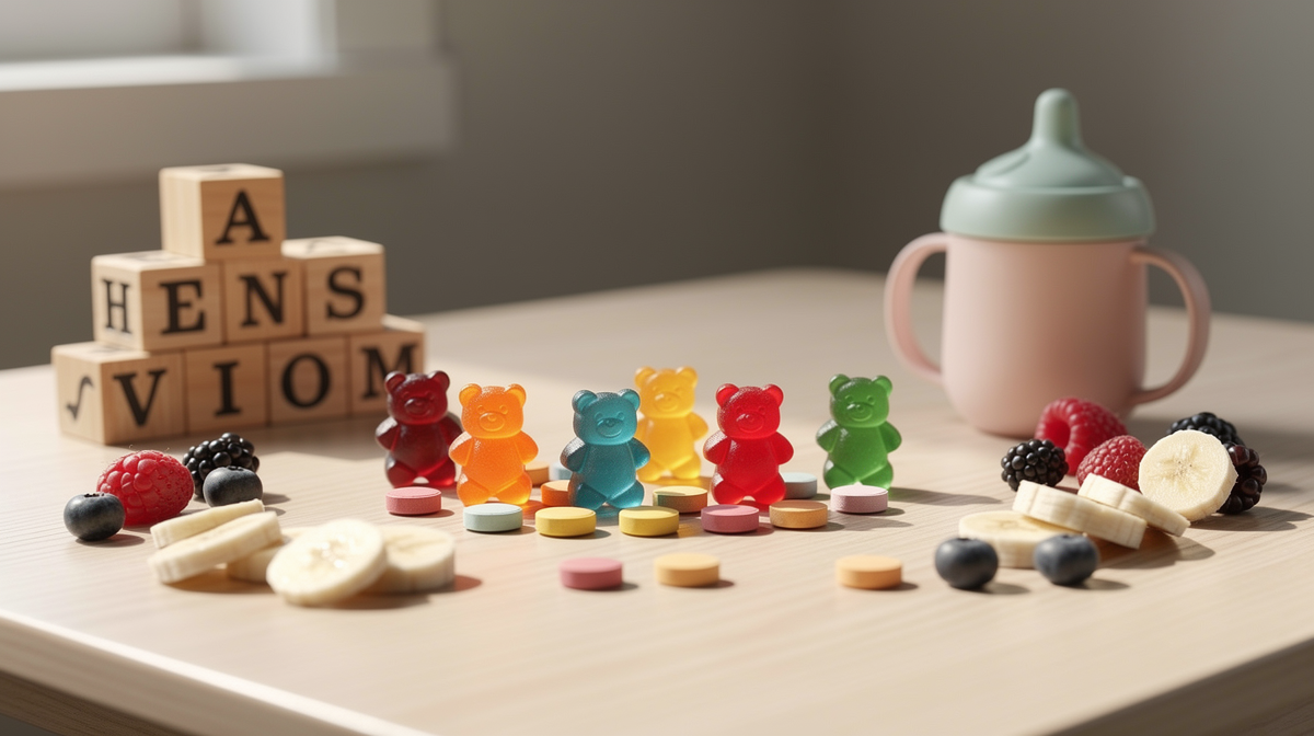 Vitamintillskott i form av kapslar och tabletter bredvid färsk frukt och grönsaker