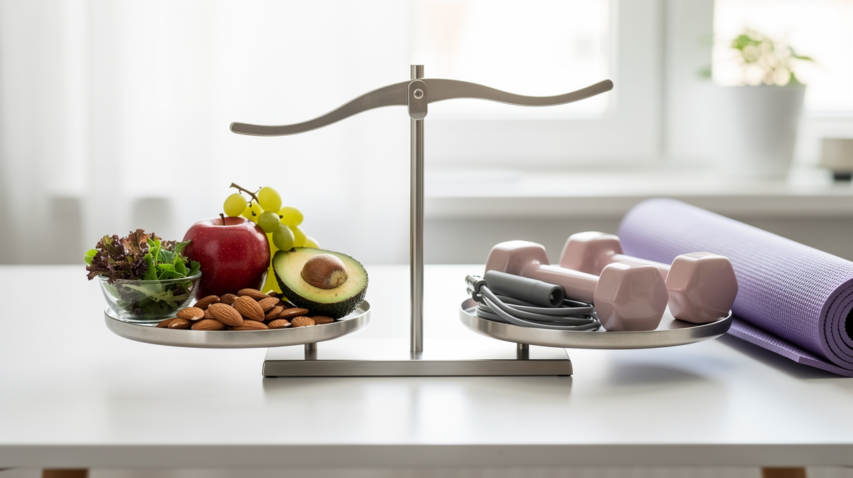 Vattenglas, äpple och mandlar på ett träbord som illustrerar energi och kalorier i mat