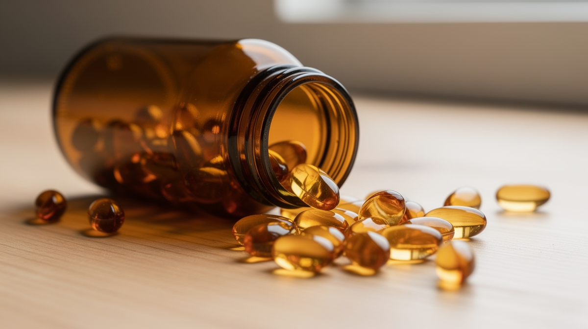 Bärnstensfärgad glasburk med K2-vitamin kapslar som spills på trä