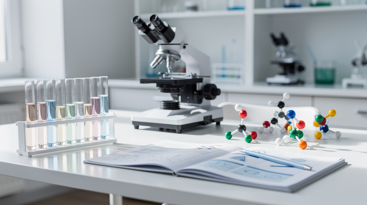 Vetenskaplig laboratorieutrustning med mikroskop och forskningsunderlag