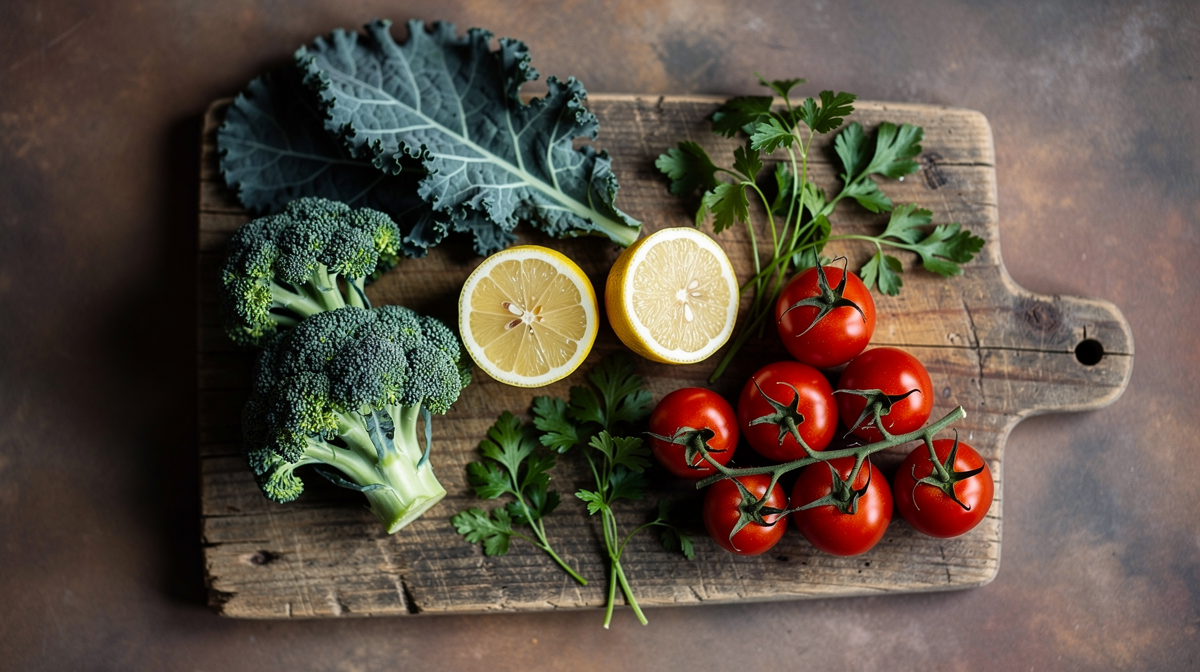 Broccoli, grönkål, persilja och citrusfrukter i en träskål
