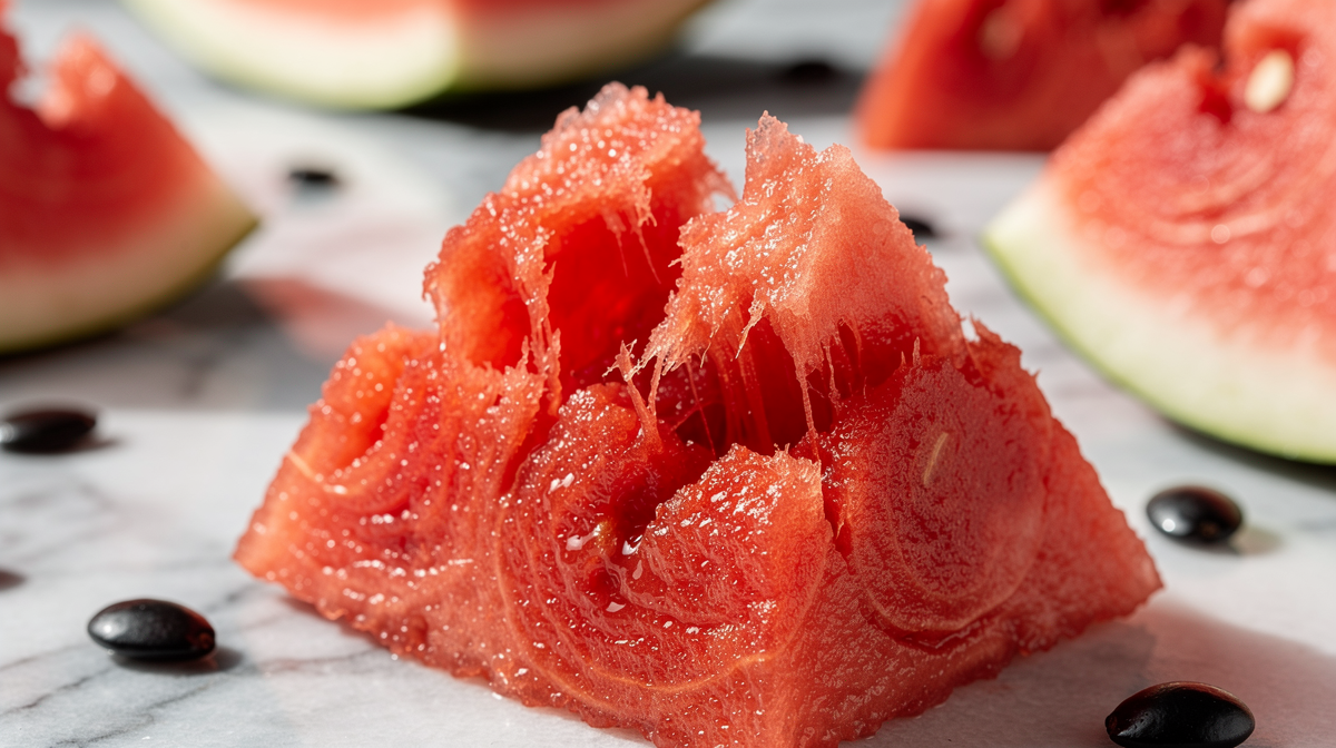 Halverad mogen vattenmelon med saftigt rött fruktkött på en träskiva