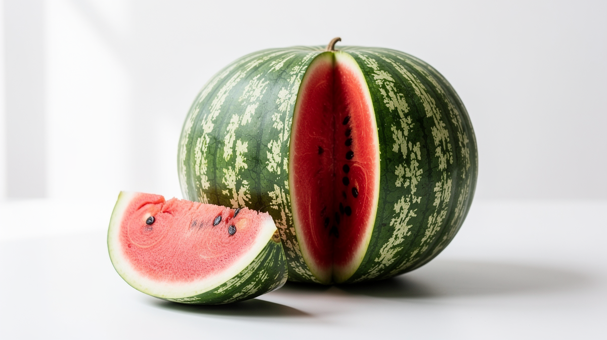 Halverad mogen vattenmelon med saftigt rött fruktkött på en träskiva