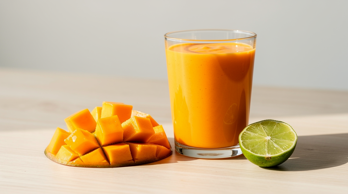 Mangosmoothie med färska mangotärningar och lime
