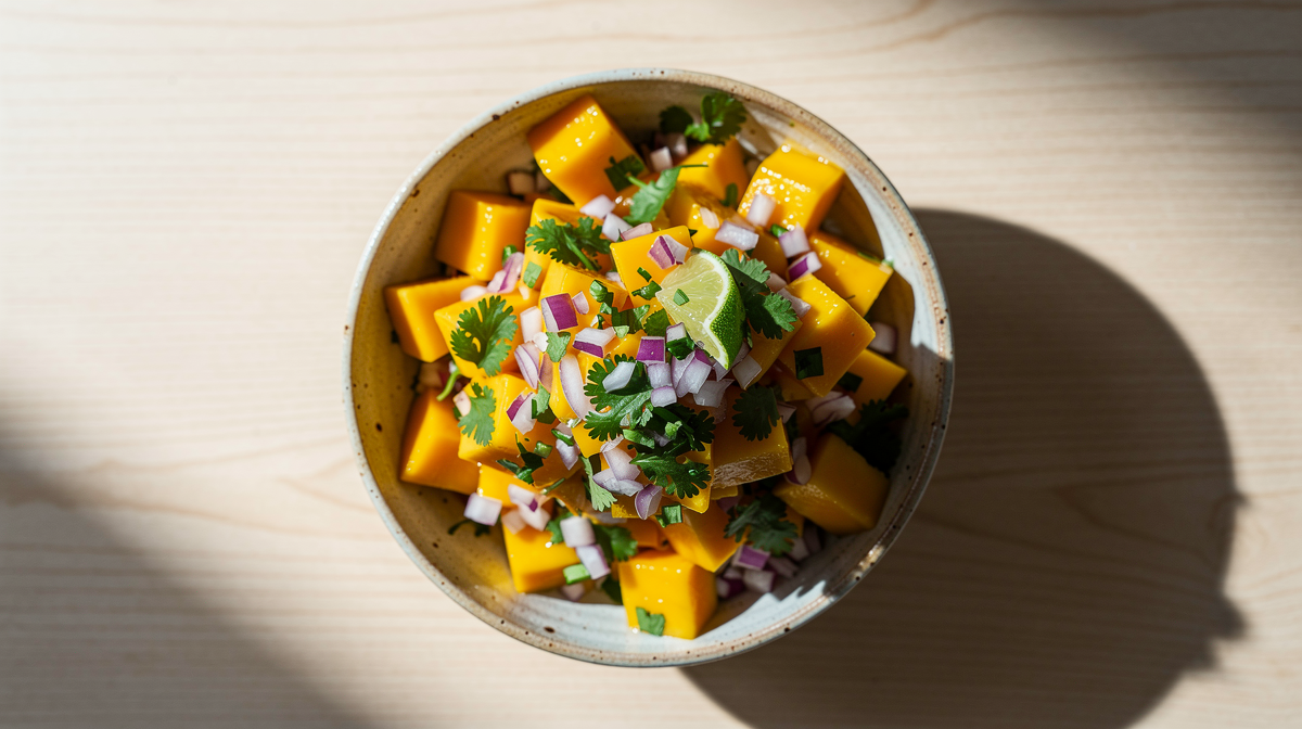 Fräsch mangosalsa med rödlök, lime och örter i en skål