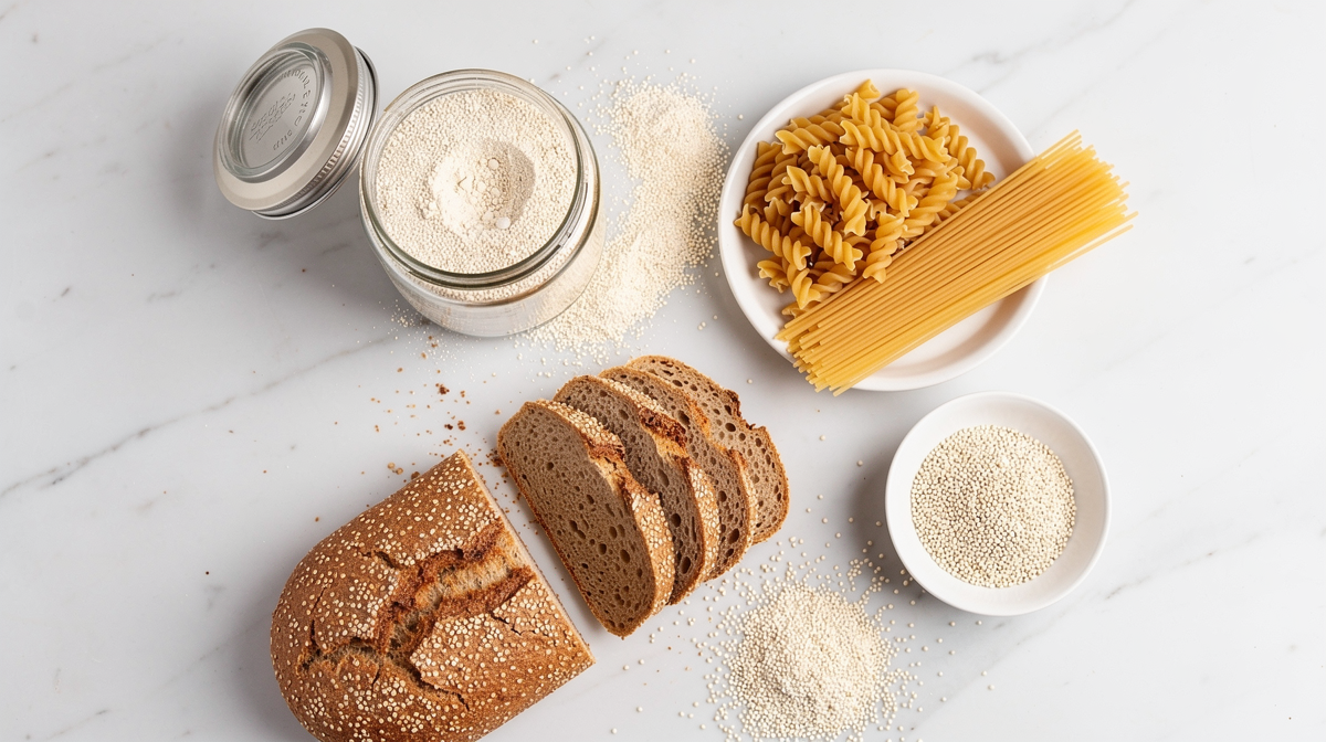 Skål med kokt luftig quinoa på ett rustikt bord