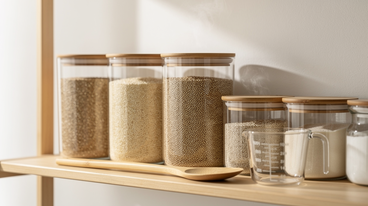 Skål med kokt luftig quinoa på ett rustikt bord