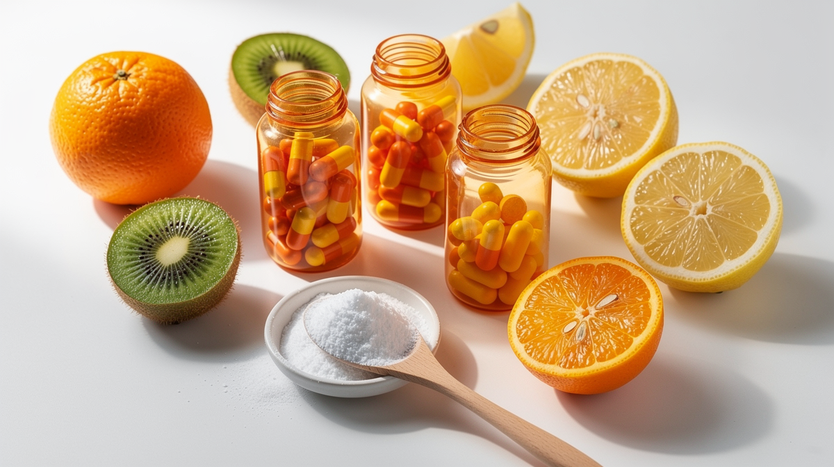 C-vitaminpiller och citrusfrukter på vit bakgrund