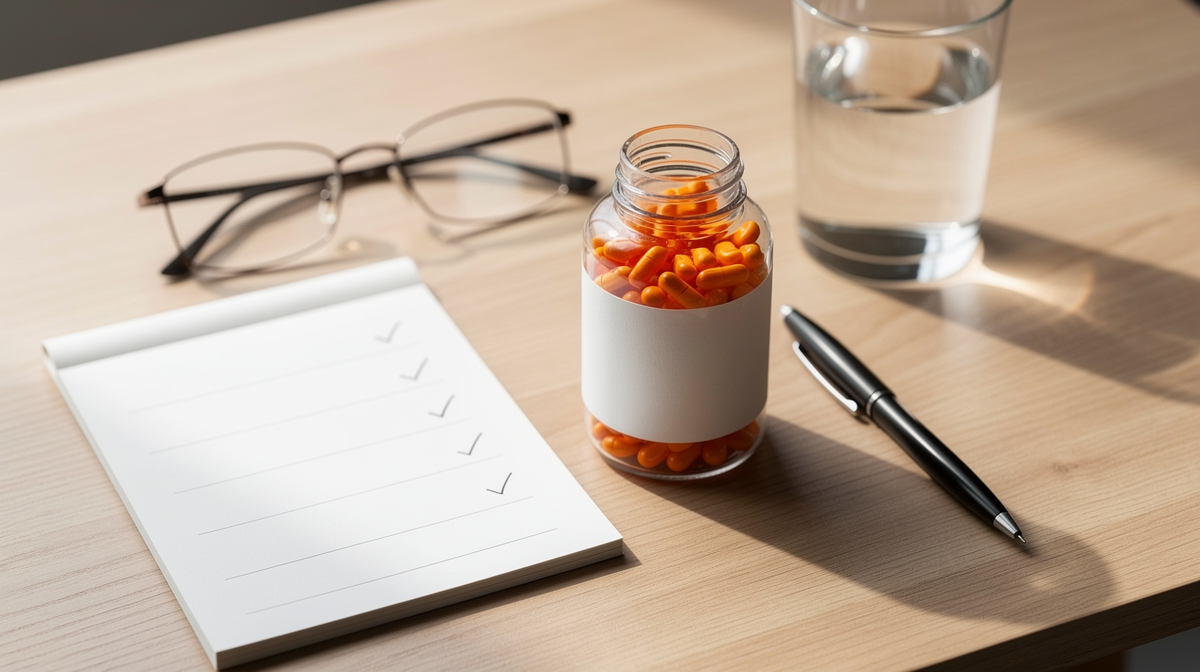 Vitaminflaska med information och läkemedelsrecept på skrivbord