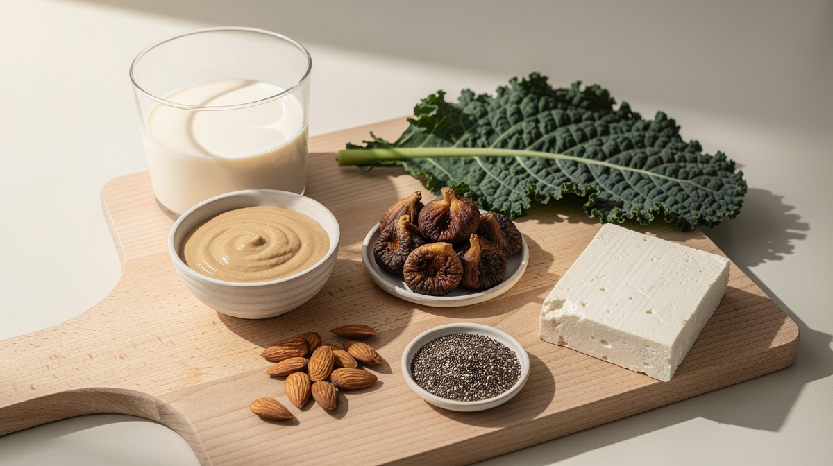 Kalciumrika livsmedel som mjölk, sardiner, broccoli och mandel på ljust linne