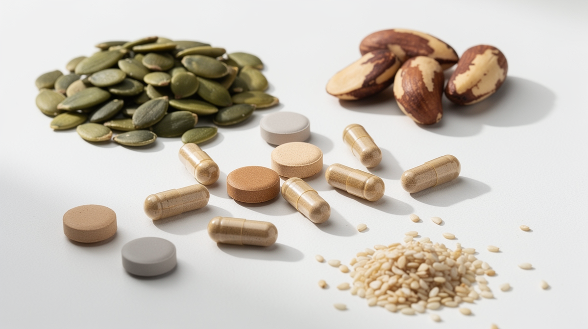 Färgrikt urval av antioxidantrika livsmedel: bär, grönsaker och nötter på träyta
